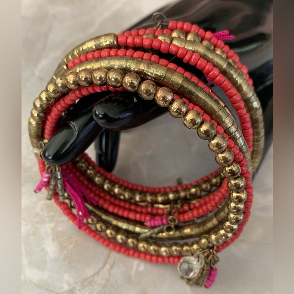 Gold and Red Beaded Coil Bracelet with Tassel Charms Vintage